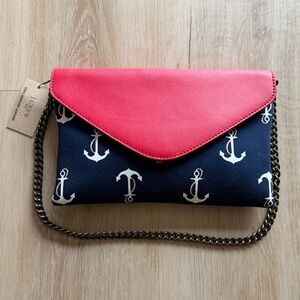 J. Crew Navy and Red Anchor Clutch